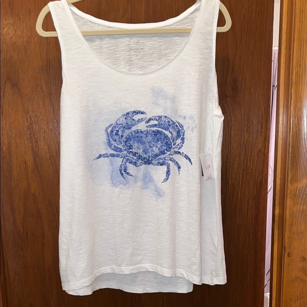 J JILL NWT M STUNNING Women's White Tank Top with Blue Crab Design
